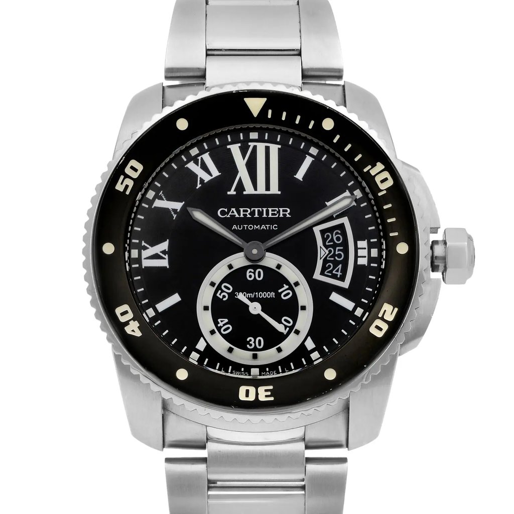 Up Close Front Facing Picture Of Cartier W7100057 Stainless Steel Watch Pre Owned Condition