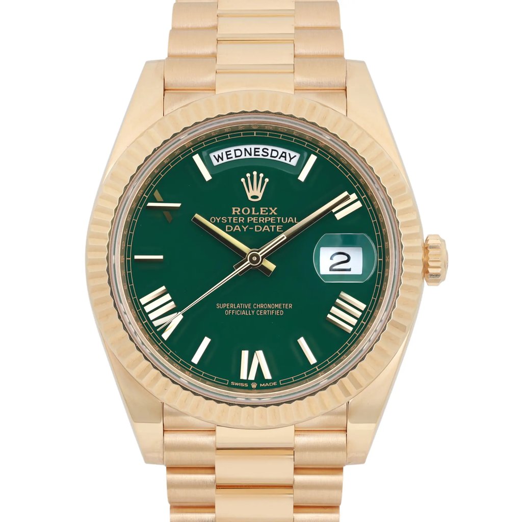 Up Close Front Facing Picture Of Rolex 228238 Yellow Gold Watch Seller Refurbished Condition