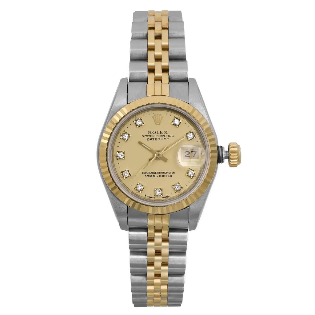An image of a pre-owned wristwatch shown from a front full frontal view. The watch features a two-tone metal bracelet and a gold-colored dial with diamond hour markers. The watch is positioned upright, showcasing its face and band clearly from a close distance.