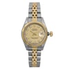 An image of a pre-owned wristwatch shown from a front full frontal view. The watch features a two-tone metal bracelet and a gold-colored dial with diamond hour markers. The watch is positioned upright, showcasing its face and band clearly from a close distance.