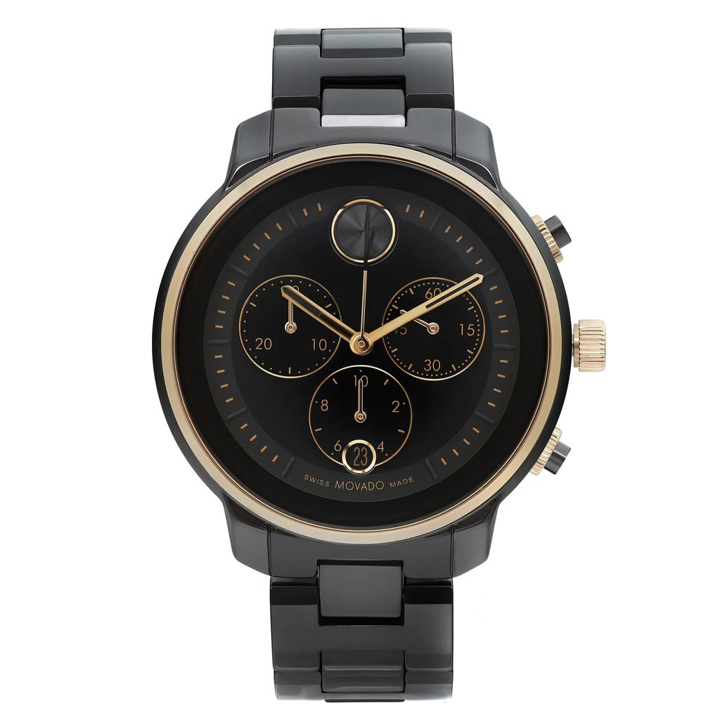 An image of a pre-owned wristwatch viewed from the front in a full frontal position. The watch features a black dial with gold accents, including three subdials and gold hands. The casing and bracelet are also black, complemented by a gold bezel and crown. The photograph is taken at a close distance, highlighting the watch's details and design features.