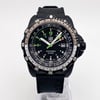 An image of a Wristwatch by Luminox. This Pre Owned item is designed for Men, featuring a Military style. It has a Quartz movement and an Analog display with a Black dial color. The indices include 12-Hour Dial,24-Hour Dial,Arabic Numerals. The band is made of Rubber and the case is made of Carbon. The watch has a Round shape with a case size of 46 mm and a case thickness of 14 mm.