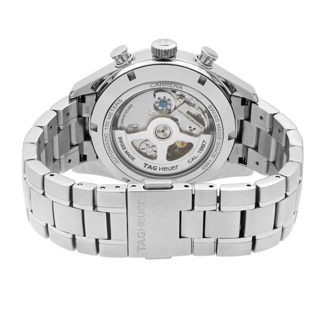 Back View Of Exhibition Back Case And Closed Stainless Steel Band Of TAG Heuer CAR2110.BA0720 Watch Pre Owned Condition