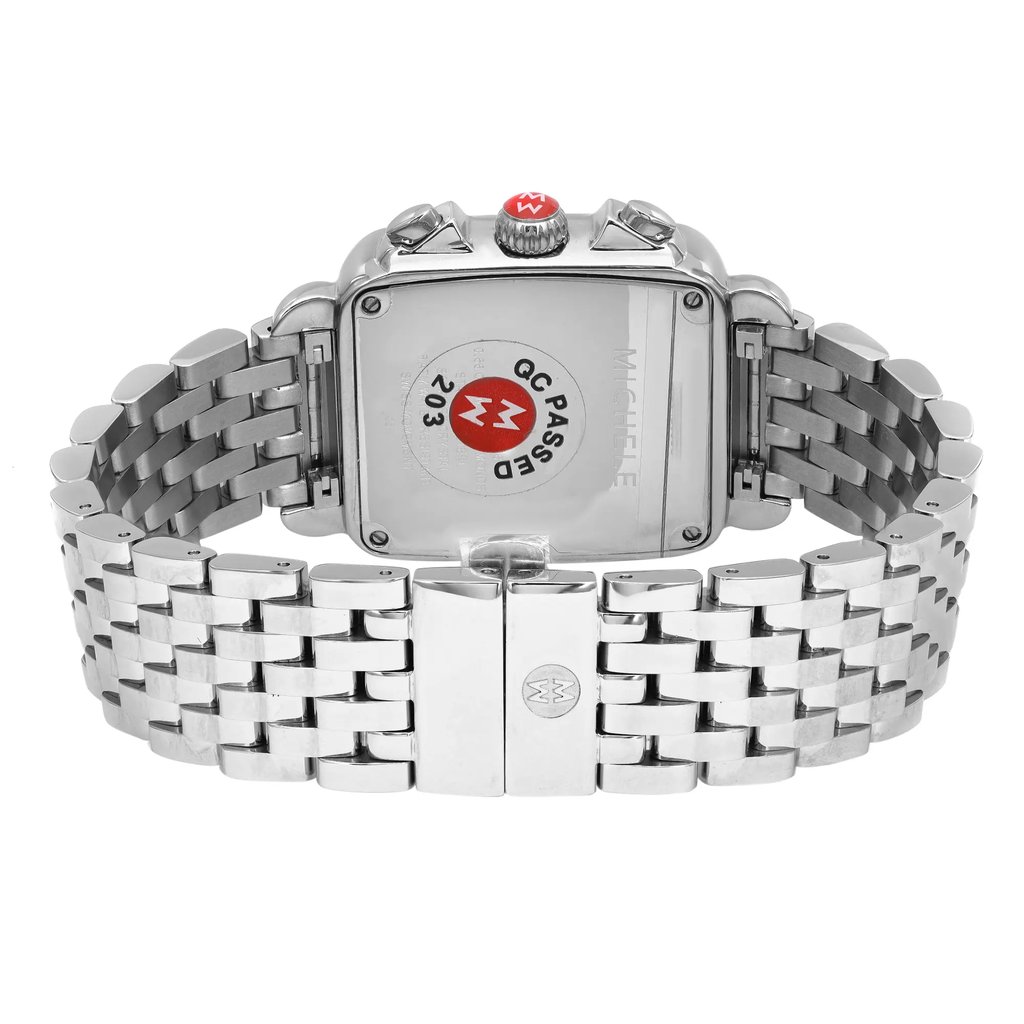 Back View Of Screwback Back Case And Closed Stainless Steel Band Of MICHELE MW06P01A1046 Watch Unworn Condition