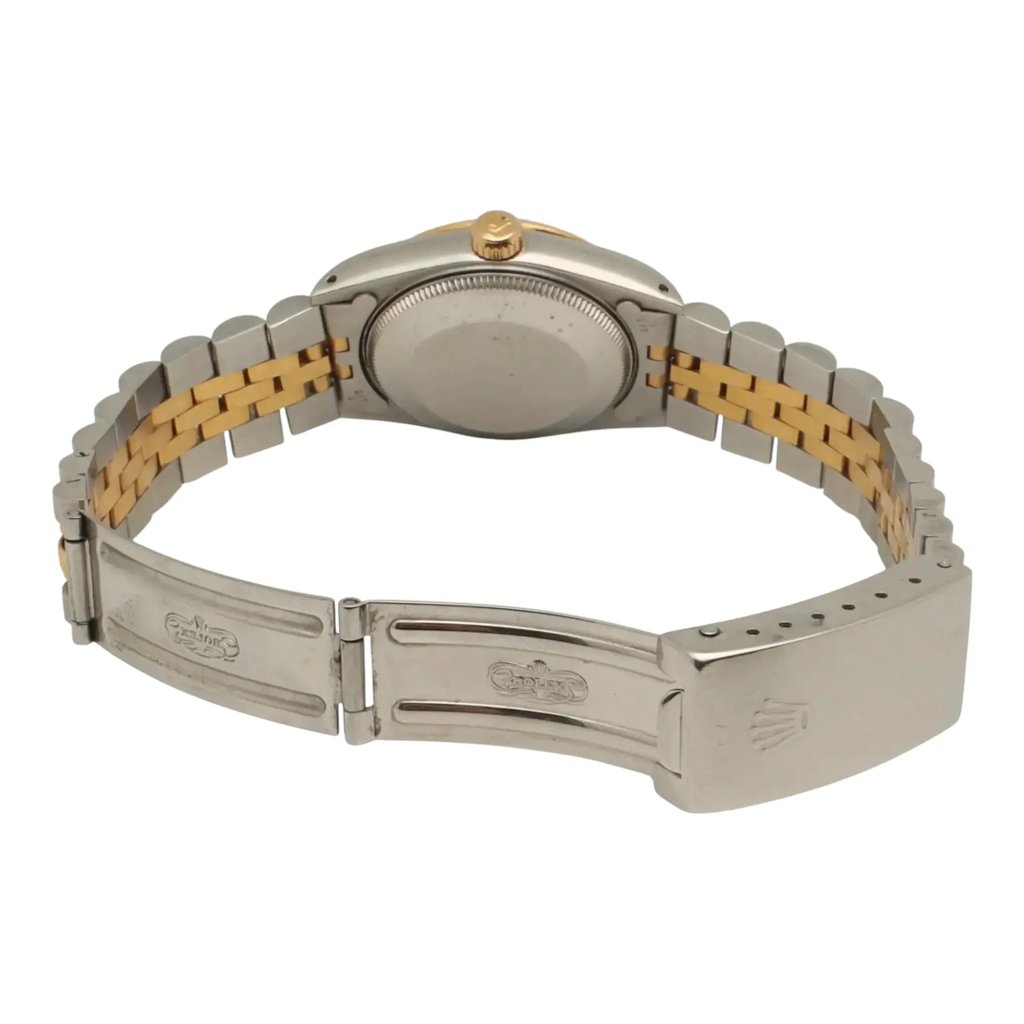 Back View Of Solid Back Case And Open Stainless and Solid Gold Band Of Rolex 68273 Watch Pre Owned Condition