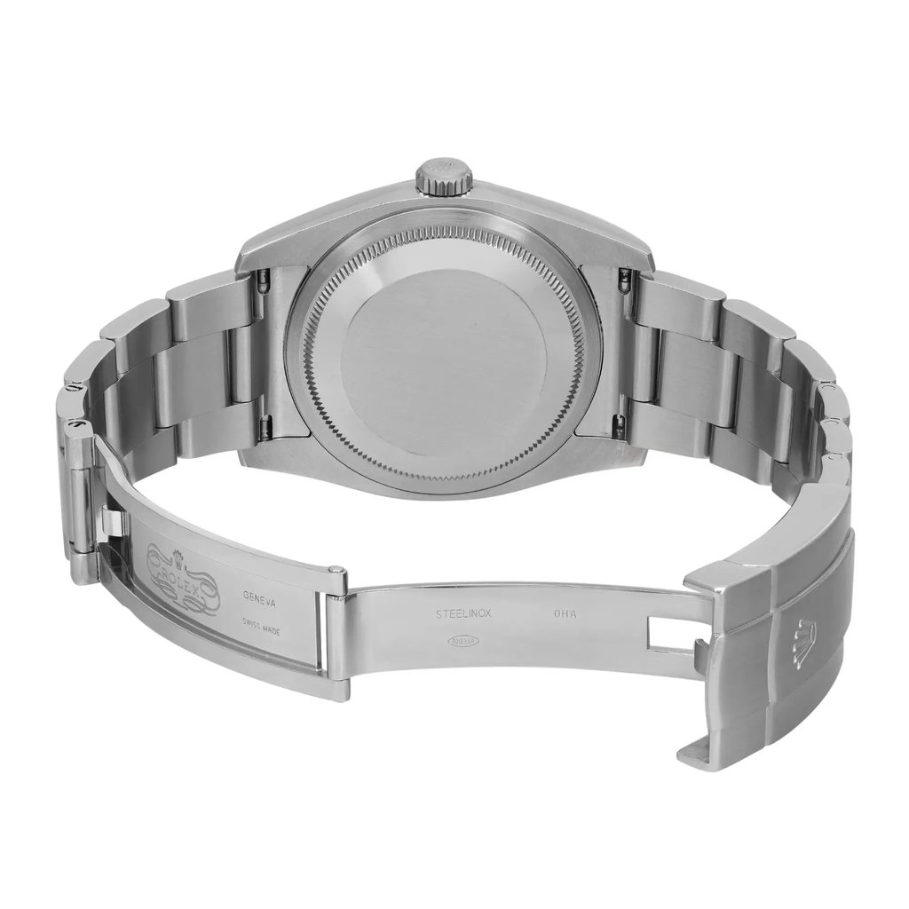 Back View Of Screwback Back Case And Open Stainless Steel Band Of Rolex 116000 Watch Pre Owned Condition