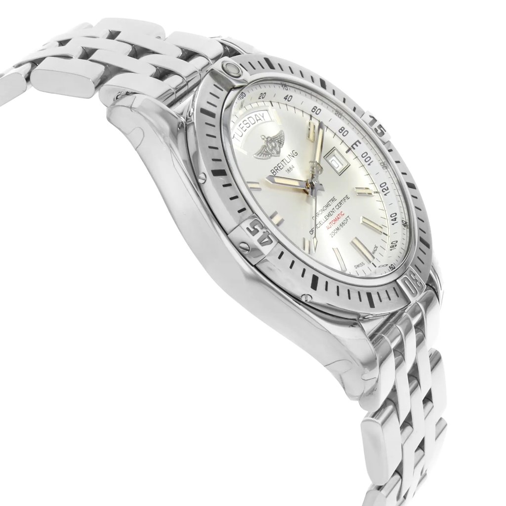 View Of Opposite Crown Facing Side Of Breitling A45320B9/G797-375A Stainless Steel Watch Display Model Condition