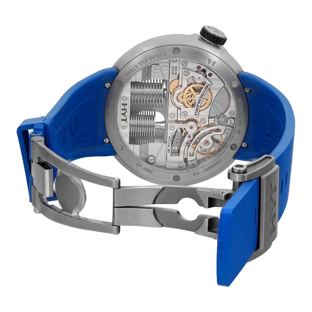 Back View Of Exhibition Back Case And Open Rubber Band Of HYT H00840.BK Watch Unworn Condition