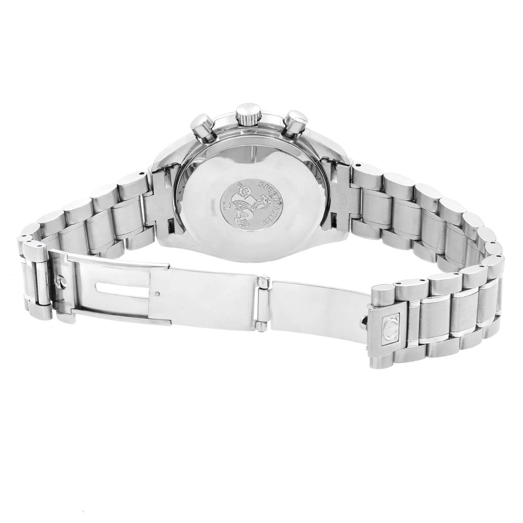 Back View Of Screwback Back Case And Open Stainless Steel Band Of OMEGA 3513.30.00 Watch Pre Owned Condition