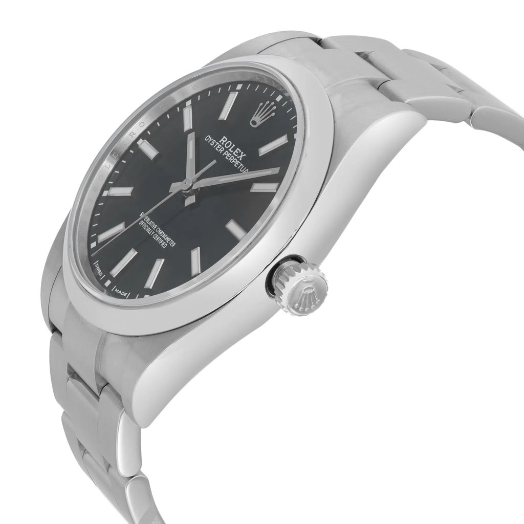 An image of a pre-owned men's Rolex wristwatch viewed from the side profile, showcasing the crown. The watch features a casual style with a round shape, a black dial, and a gray bezel. The band and case are made of stainless steel, and the watch is in good condition.