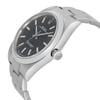 An image of a pre-owned men's Rolex wristwatch viewed from the side profile, showcasing the crown. The watch features a casual style with a round shape, a black dial, and a gray bezel. The band and case are made of stainless steel, and the watch is in good condition.