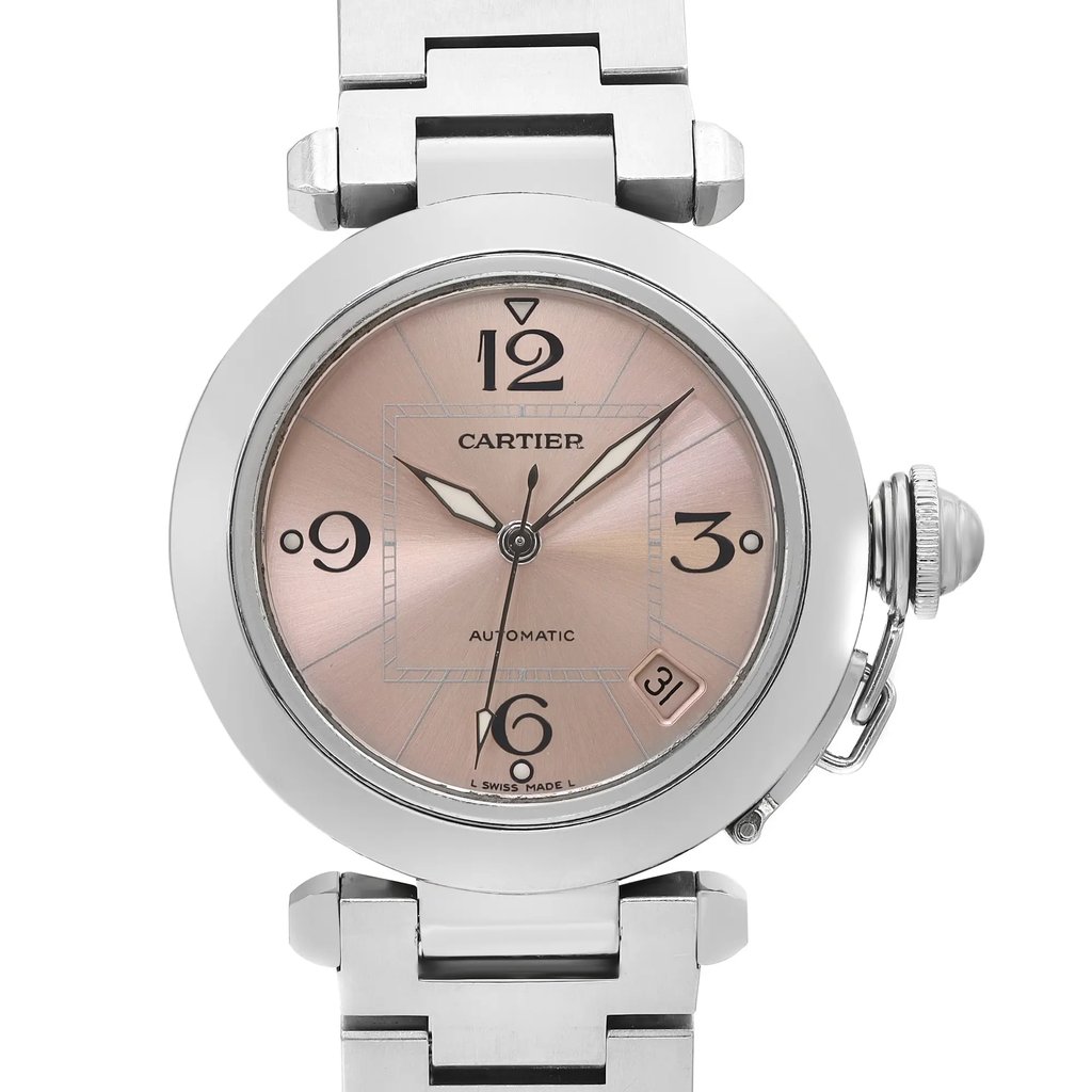 Up Close Front Facing Picture Of Cartier W31075M7 Stainless Steel Watch Pre Owned Condition