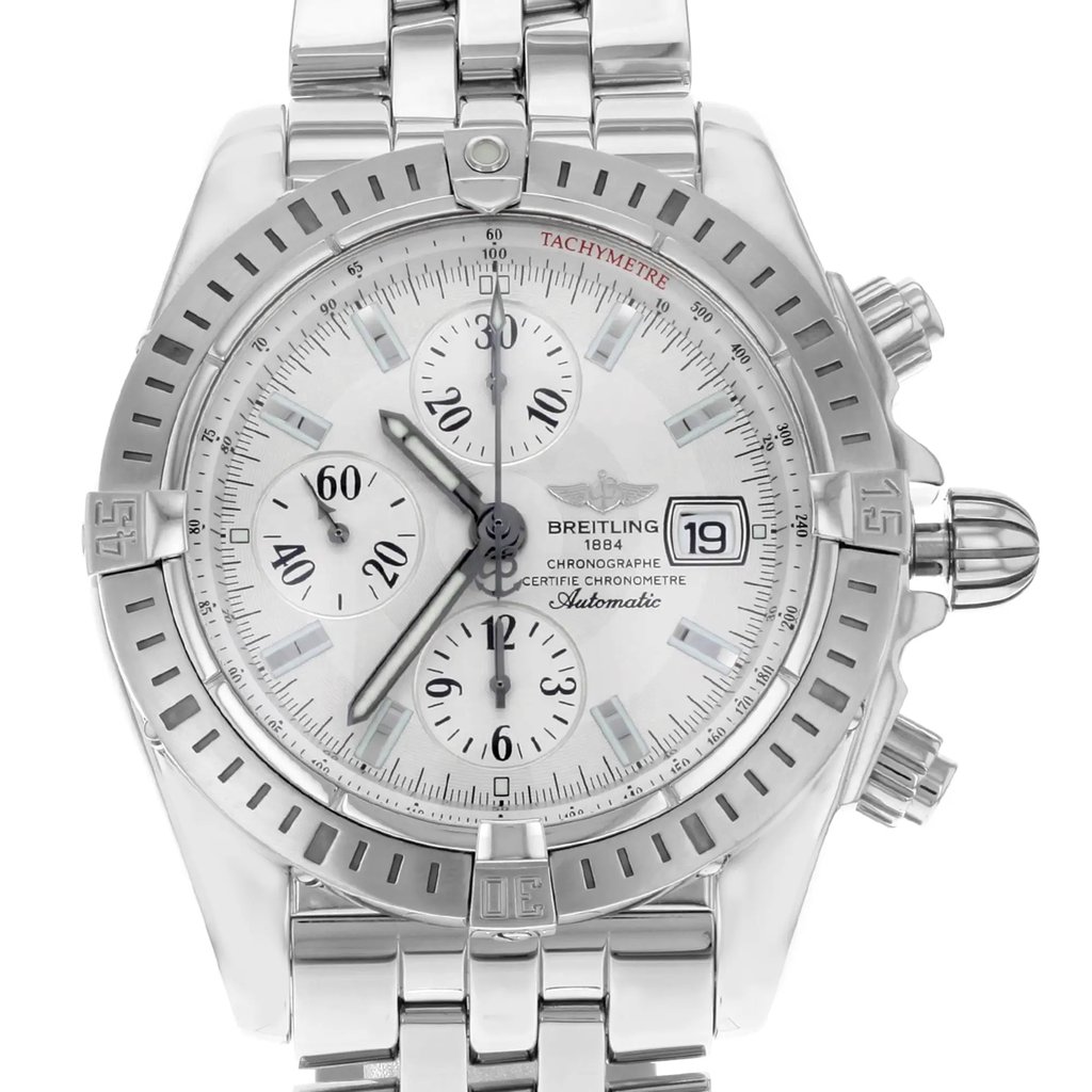 Up Close Front Facing Picture Of Breitling A1335611/G569-SS Stainless Steel Watch Display Model Condition