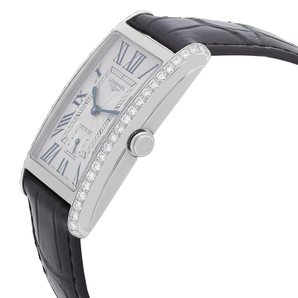 An image of a Longines women's luxury wristwatch in unworn condition, shown in a close-up side profile view. The watch features a rectangular stainless steel case with a silver guilloche dial and Roman numerals. The crown is visible on the right side of the case, and the bezel is stainless steel, adorned with diamonds. A black leather band is attached. The watch is photographed against a white background with the focus on the detailing of the dial and the crown.