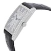 An image of a Longines women's luxury wristwatch in unworn condition, shown in a close-up side profile view. The watch features a rectangular stainless steel case with a silver guilloche dial and Roman numerals. The crown is visible on the right side of the case, and the bezel is stainless steel, adorned with diamonds. A black leather band is attached. The watch is photographed against a white background with the focus on the detailing of the dial and the crown.