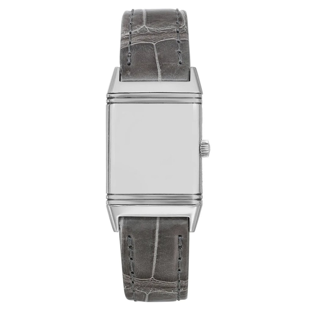 An image of a pre-owned wristwatch shown from a front full frontal view. The watch features a rectangular silver case with a plain face and a small crown on the right side. It is paired with a dark leather strap that has visible stitching. The angle is straight on, giving a clear view of the watch's design and details.