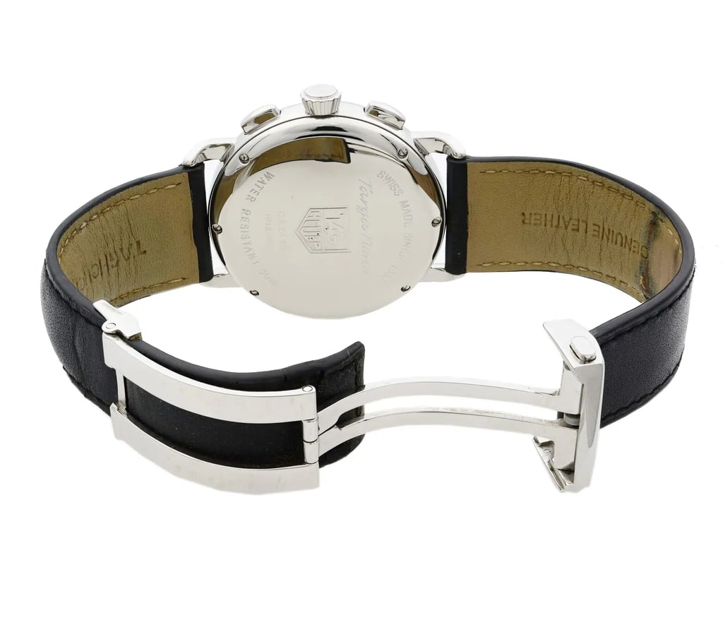 Back View Of {Caseback} Back Case And Open Leather Band Of TAG Heuer CX2110.FC6171 Watch Pre Owned Condition