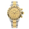 An image of a pre-owned men's luxury Rolex wristwatch captured from a front full frontal view. The round dial is champagne-colored with gold bezel, featuring a chronograph, luminous hands, and stick indexes. The watch has a stainless steel and yellow gold band, with a case also in stainless steel. It includes small seconds subdial and 12-hour dial indices. The condition is classified as good.