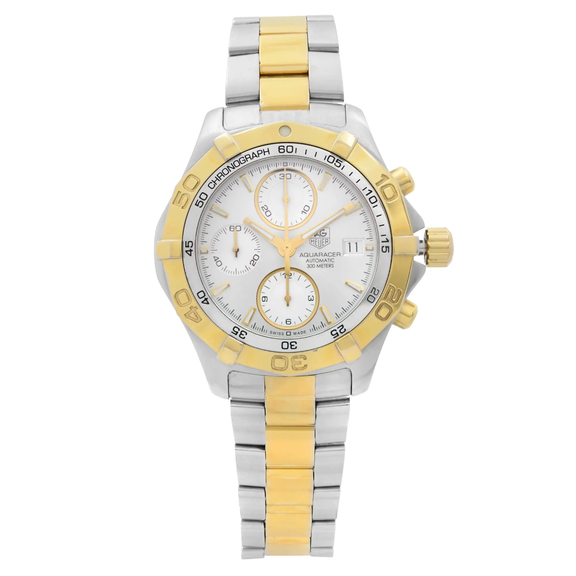 An image of a Wristwatch by TAG Heuer. This Pre Owned item is designed for Men, featuring a Sport style. It has a Mechanical (Automatic) movement and an Analog display with a Silver dial color. The indices include 12-Hour Dial,Multi Dial,Non-Numeric Hour Marks. The band is made of Gold Plated,Stainless Steel and the case is made of Stainless Steel. The watch has a Round shape with a case size of 41 mm and a case thickness of 15 mm.
