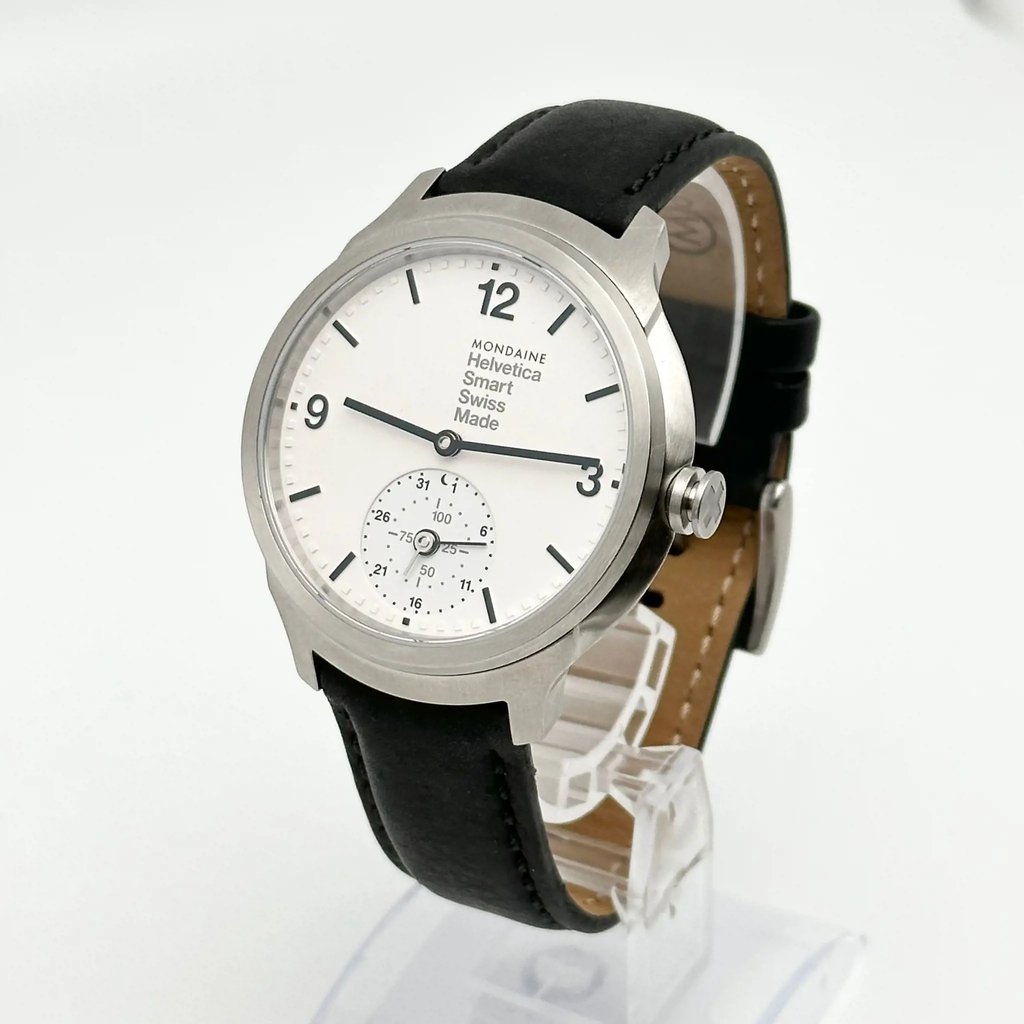 View Of Crown Facing Side Of Mondaine MH1.B2S10.LB Stainless Steel Watch Display Model Condition