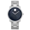An image of a wristwatch displayed in a full frontal view. The watch features a sleek, minimalist design with a dark, circular dial and a single dot at the 12 o'clock position. The silver metallic bracelet and casing are visible, with the watch positioned directly facing the viewer, showcasing its elegant and modern aesthetic.