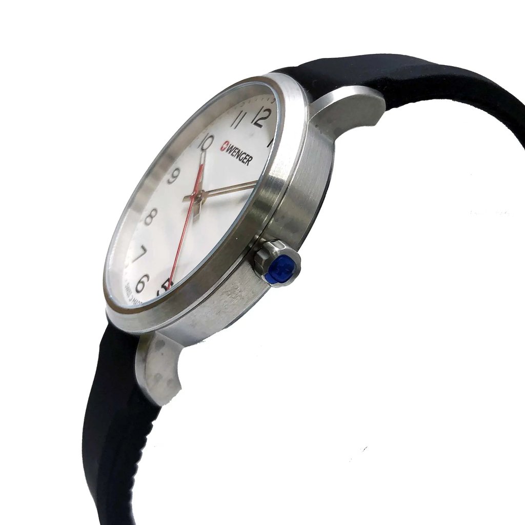 View Of Crown Facing Side Of Wenger 01.1621.103 Stainless Steel Watch Display Model Condition