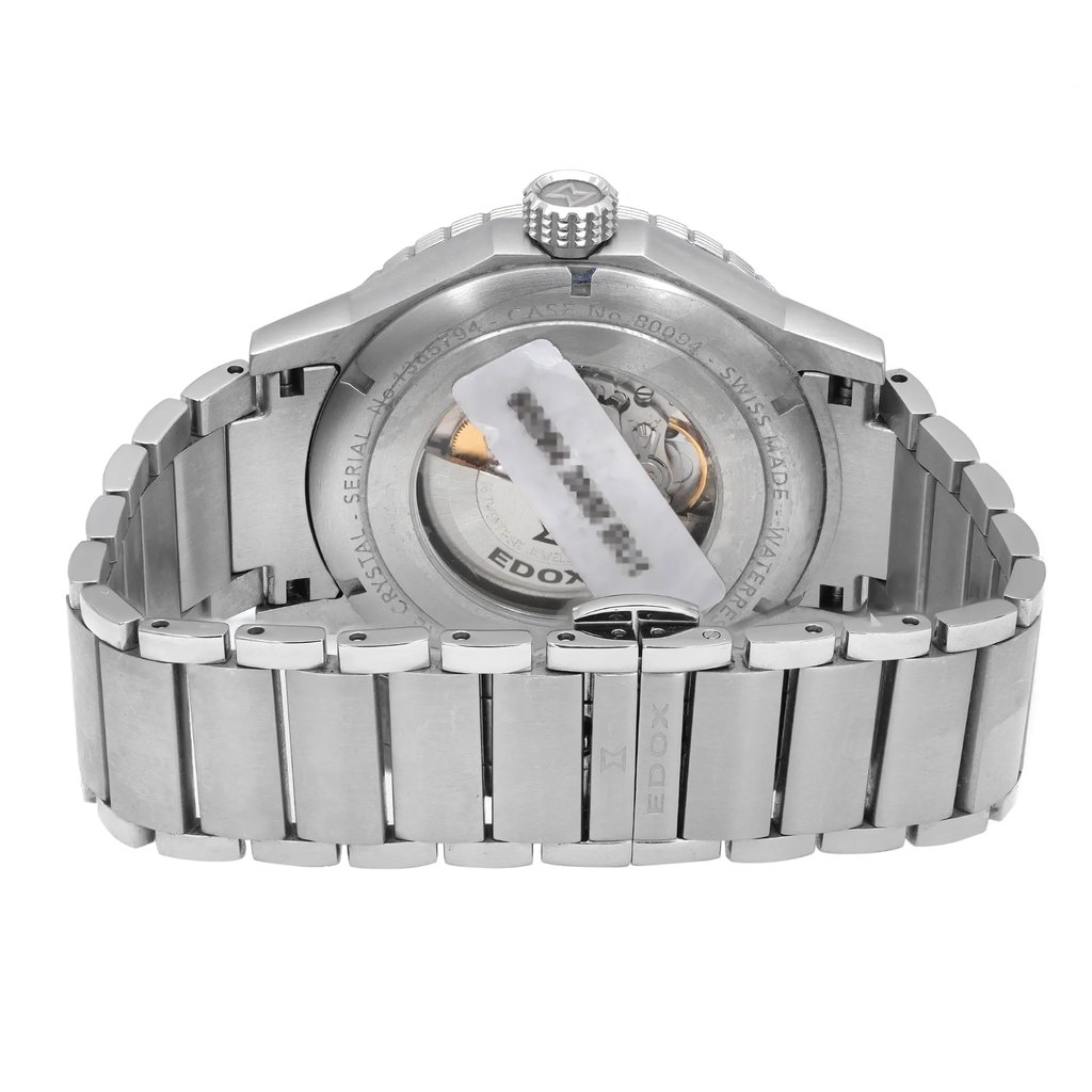 Back View Of Exhibition Back Case And Closed Stainless Steel Band Of Edox 80094-3NM-BU1 Watch Pre Owned Condition