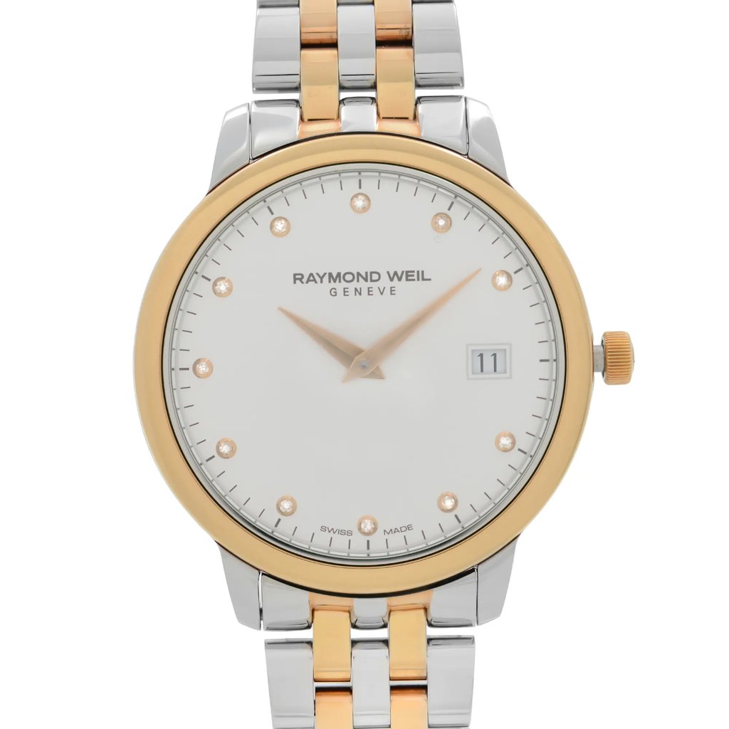 An image of a new, unworn RAYMOND WEIL women's wristwatch, presented in a dress/formal style. The photograph is a close-up shot of the watch face, taken from the front at a direct angle. The watch features a round, silver-colored dial with the RAYMOND WEIL logo, and rose gold-toned hands. A date window is visible at the 3 o'clock position. The case and band are made of stainless steel with a two-tone design, combining stainless steel and rose gold electroplating. The watch is centered and occupies the majority of the frame, showing intricate details such as the hour markers and the two-tone link bracelet.