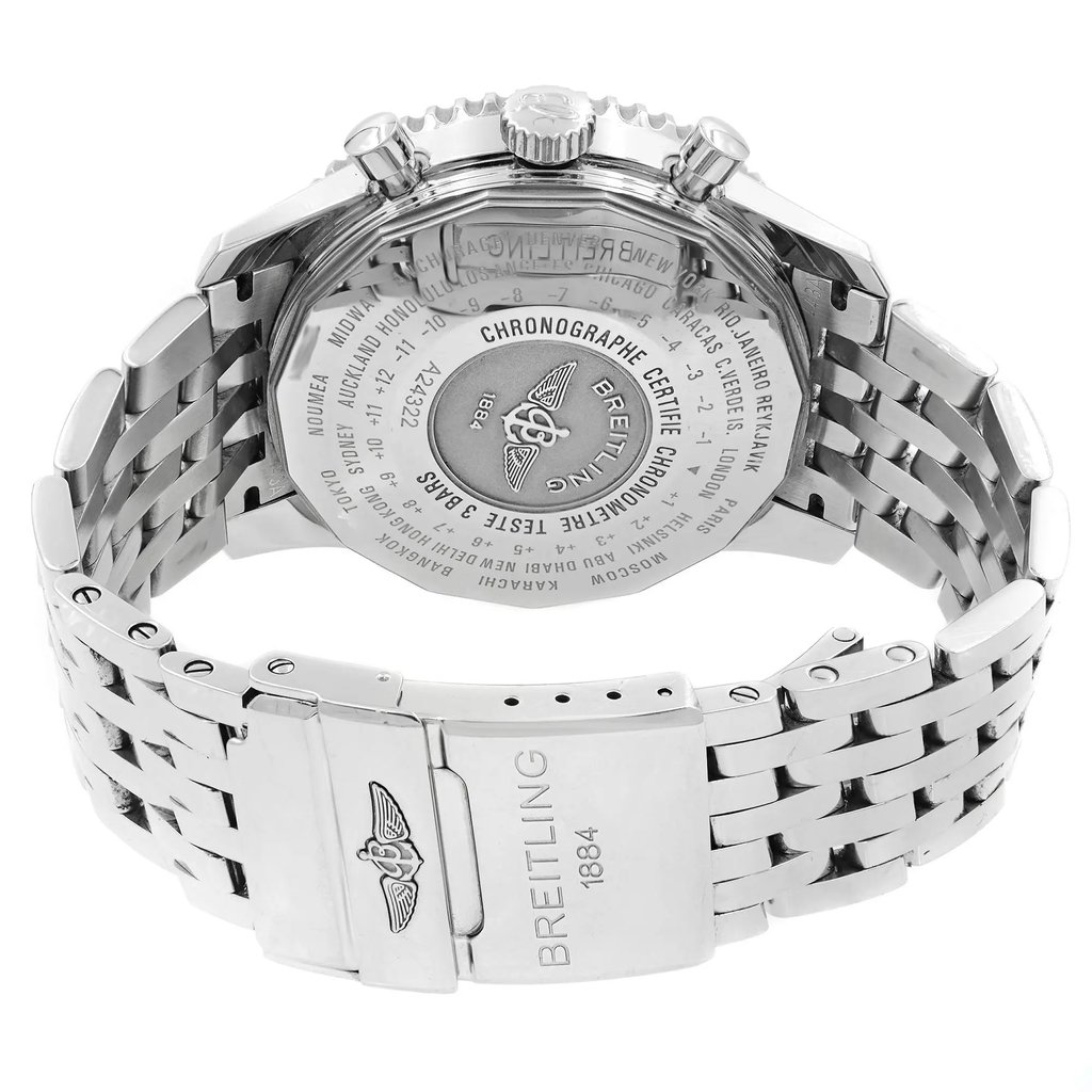 Back View Of Screwback Back Case And Closed Stainless Steel Band Of Breitling A2432212/B726-443A Watch Pre Owned Condition