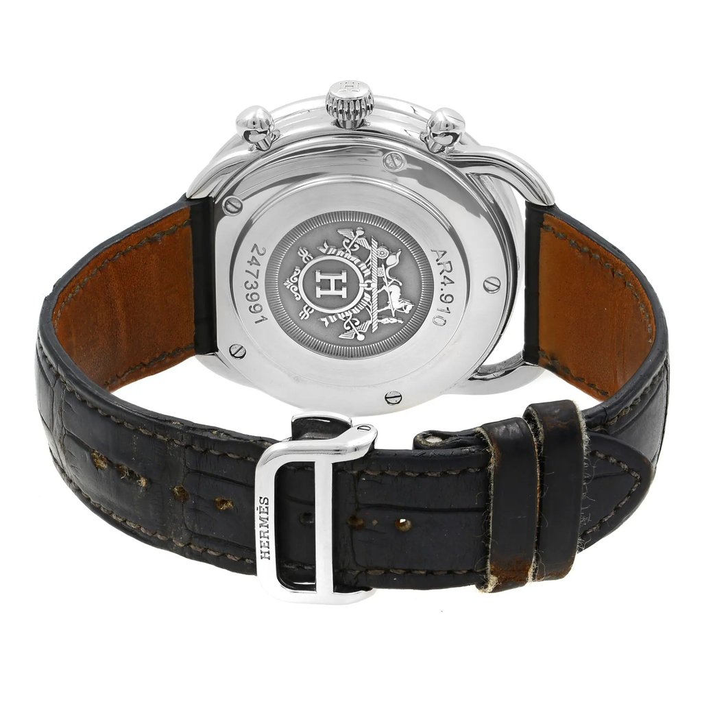 Back View Of {Caseback} Back Case And Closed Leather Band Of Hermes AR4.910 Watch Pre Owned Condition