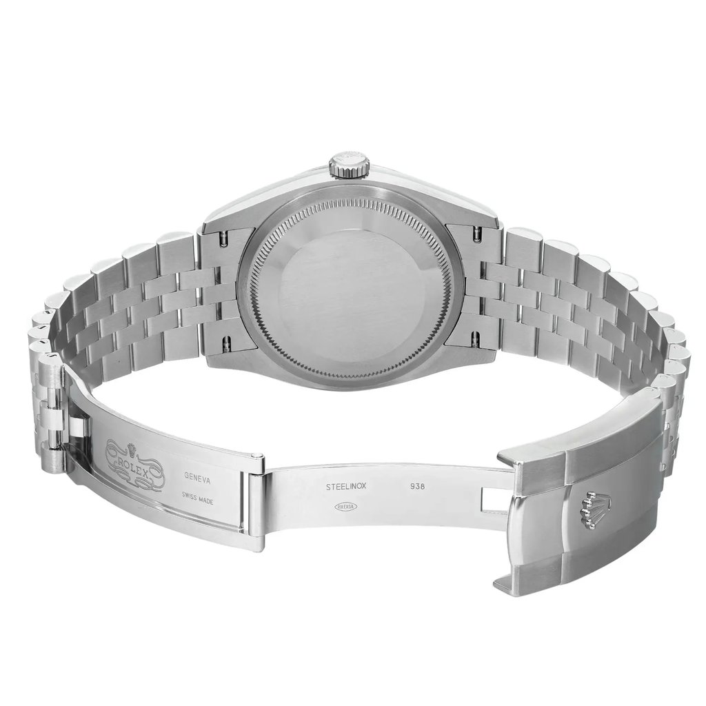 An image of a Wristwatch by Rolex. This Pre Owned item is designed for Men, featuring a Luxury style. It has a Mechanical (Automatic) movement and an Analog display with a Silver dial color. The indices include 12-Hour Dial,Stick Indexes. The band is made of Stainless Steel and the case is made of Stainless Steel. The watch has a Round shape with a case size of 36 mm and a case thickness of 12 mm.