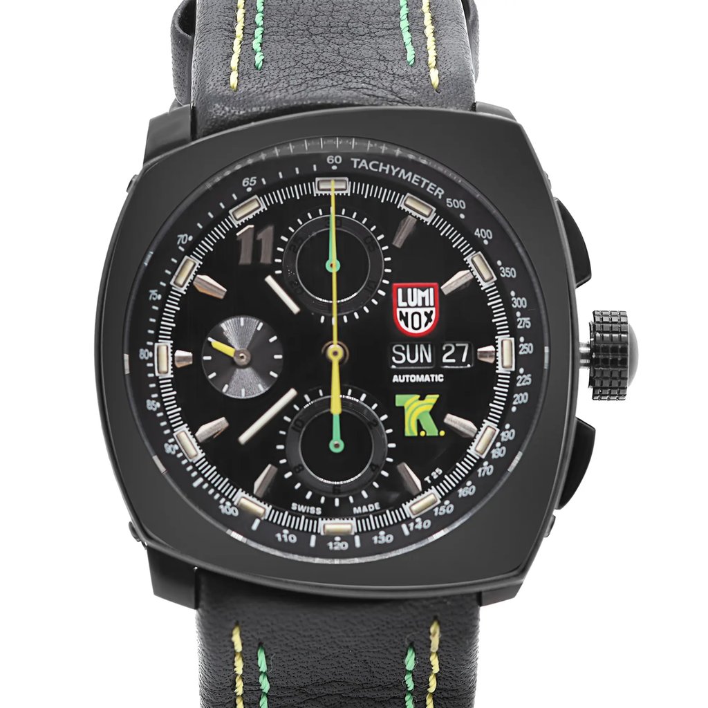 An image of a Wristwatch by Luminox. This Display Model item is designed for Men, featuring a Casual,Classic,Dress/Formal,Sport style. It has a Mechanical (Automatic) movement and an Analog display with a Black dial color. The indices include 12-Hour Dial,Multi Dial,Stick Indexes. The band is made of Leather and the case is made of Stainless Steel. The watch has a Asymmetrical shape with a case size of 44 mm and a case thickness of 18 mm.