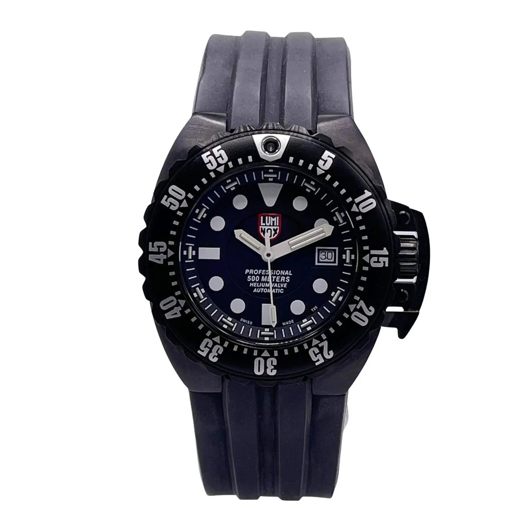 An image of a Wristwatch by Luminox. This New With Defects item is designed for Men, featuring a Diver,Military style. It has a Mechanical (Automatic) movement and an Analog display with a Black dial color. The indices include 12-Hour Dial,Arrow Markers,Round Indexes. The band is made of Rubber and the case is made of Stainless Steel. The watch has a Round shape with a case size of 44 mm and a case thickness of 17 mm.