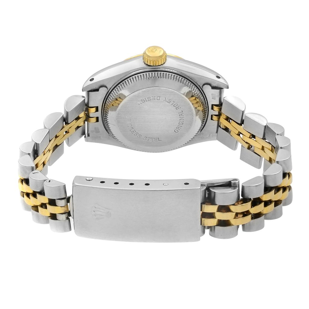 Back View Of {Caseback} Back Case And Closed Stainless and Solid Gold Band Of Rolex 69173 Watch Pre Owned Condition