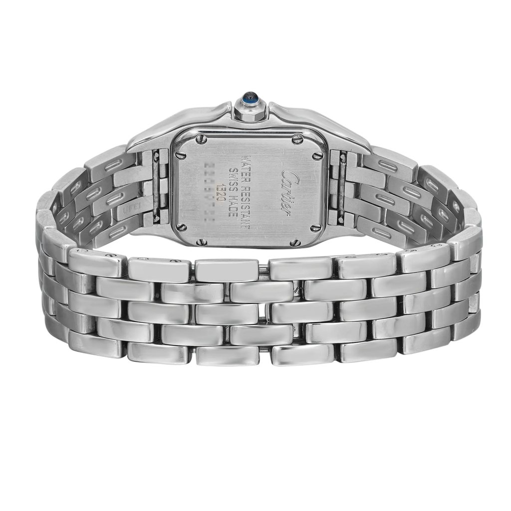 An image of a pre-owned Cartier women's wristwatch, positioned centrally and viewed from the back. The square stainless steel caseback, with the Cartier brand and other details engraved, is in focus and attached to a stainless steel band. The watch has a hidden fold clasp and is shown at a close distance, capturing the texture and shine of the metal. A blue cabochon is visible on the side of the case, adding a touch of color to the silver-toned piece.
