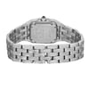 An image of a pre-owned Cartier women's wristwatch, positioned centrally and viewed from the back. The square stainless steel caseback, with the Cartier brand and other details engraved, is in focus and attached to a stainless steel band. The watch has a hidden fold clasp and is shown at a close distance, capturing the texture and shine of the metal. A blue cabochon is visible on the side of the case, adding a touch of color to the silver-toned piece.