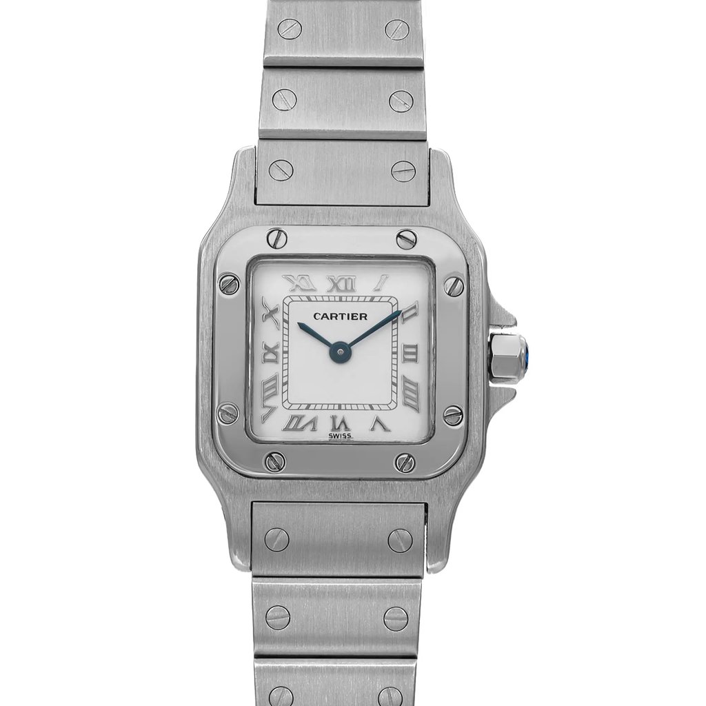 An image of a pre-owned Cartier luxury wristwatch for women, shown in excellent condition. The photograph presents a front close-up view of the watch face at a direct angle, emphasizing the square shape of the case. The dial is white with Roman numeral indices and blue hands, set within a gray bezel. The stainless steel band material and case material exhibit minor signs of wear. Visible on the dial are the brand name "CARTIER" and the indication "SWISS." The watch design includes a 12-hour dial and is captured from a close distance, providing a clear view of its details.
