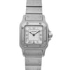 An image of a pre-owned Cartier luxury wristwatch for women, shown in excellent condition. The photograph presents a front close-up view of the watch face at a direct angle, emphasizing the square shape of the case. The dial is white with Roman numeral indices and blue hands, set within a gray bezel. The stainless steel band material and case material exhibit minor signs of wear. Visible on the dial are the brand name "CARTIER" and the indication "SWISS." The watch design includes a 12-hour dial and is captured from a close distance, providing a clear view of its details.