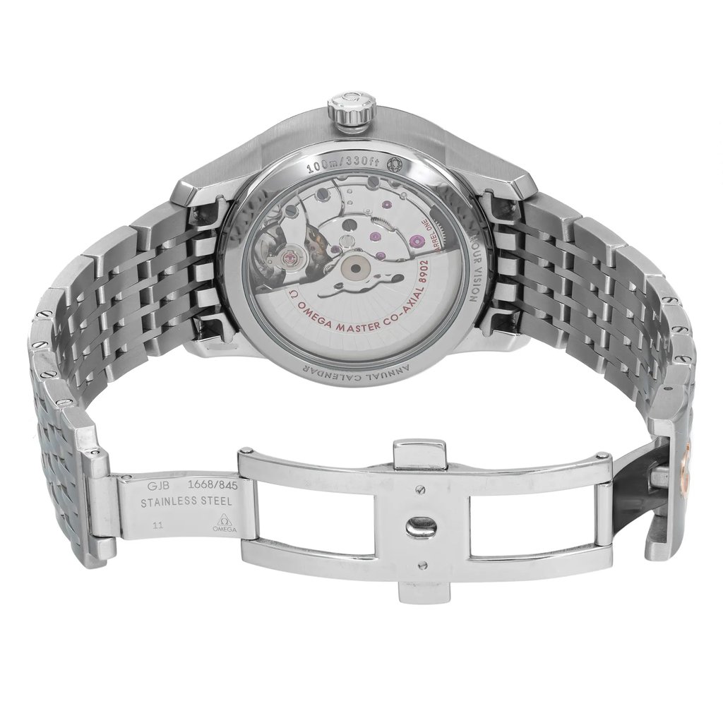 Back View Of Exhibition Back Case And Open Stainless Steel Band Of OMEGA 433.10.41.22.10.001 Watch Pre Owned Condition