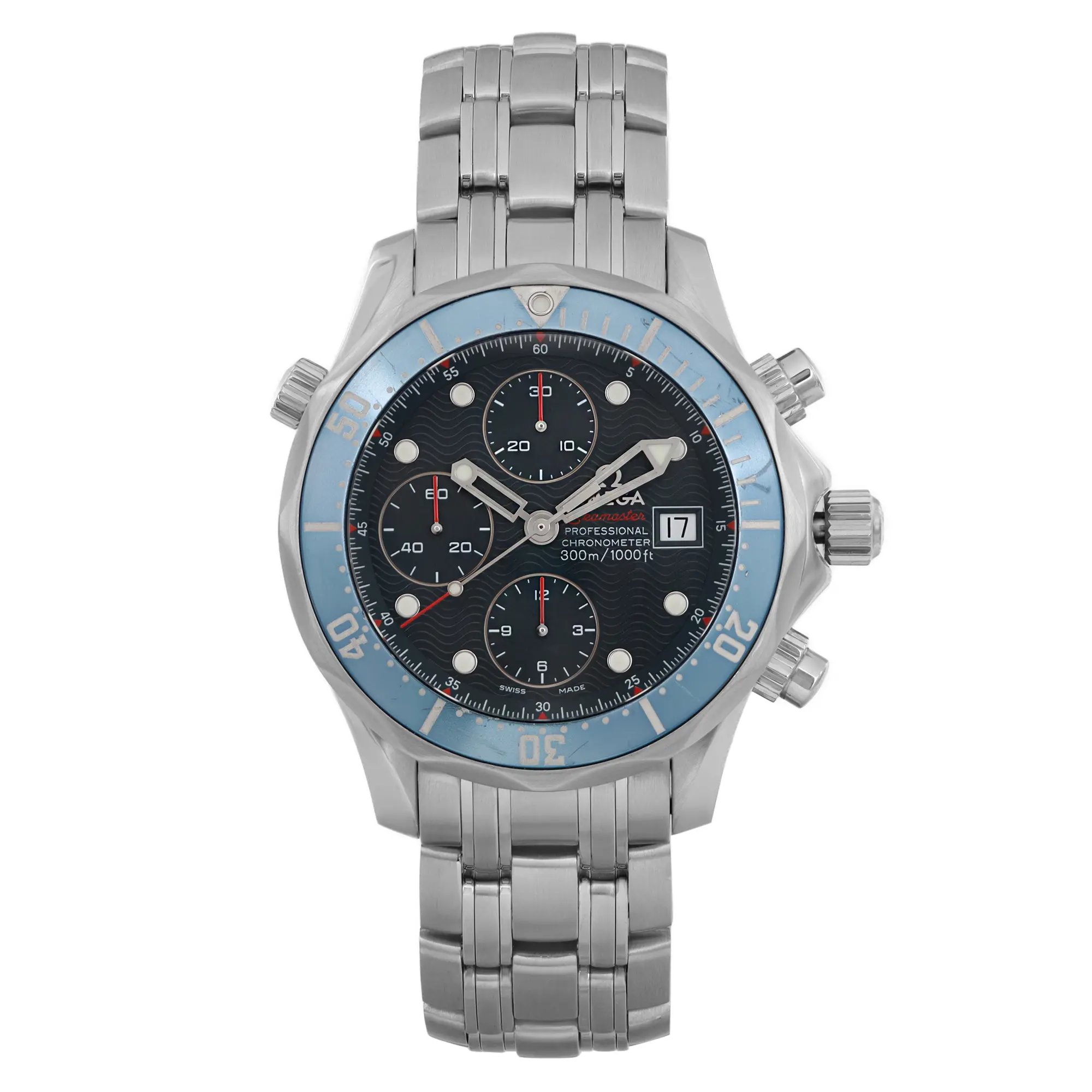 An image of a pre-owned wristwatch captured from a front full-frontal view. The watch features a metallic bracelet and a round face with multiple sub-dials. The bezel is marked with numerals, and the watch includes a date window. The photograph displays the timepiece at a close distance, highlighting its details and craftsmanship.