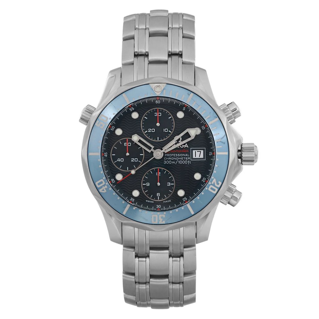 An image of a pre-owned wristwatch captured from a front full-frontal view. The watch features a metallic bracelet and a round face with multiple sub-dials. The bezel is marked with numerals, and the watch includes a date window. The photograph displays the timepiece at a close distance, highlighting its details and craftsmanship.