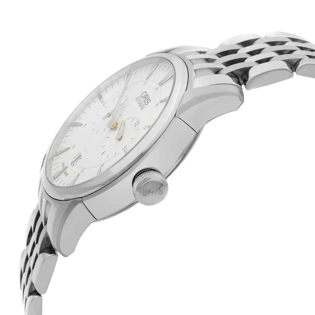 An image of a Wristwatch by Oris. This Pre Owned item is designed for Men, featuring a Dress/Formal style. It has a Mechanical (Automatic) movement and an Analog display with a Silver dial color. The indices include 12-Hour Dial,Multi Dial,Sticks. The band is made of Stainless Steel and the case is made of Stainless Steel. The watch has a Round shape with a case size of 40 mm and a case thickness of 11 mm.