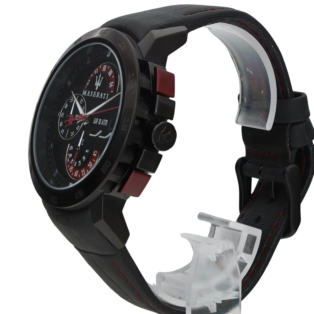 An image of a Wristwatch by Maserati. This New With Defects item is designed for Men, featuring a Dress/Formal style. It has a Quartz movement and an Analog display with a Black dial color. The indices include 12-Hour Dial,Baton Indexes. The band is made of Leather and the case is made of Stainless Steel. The watch has a Round shape with a case size of 45 mm and a case thickness of 13 mm.