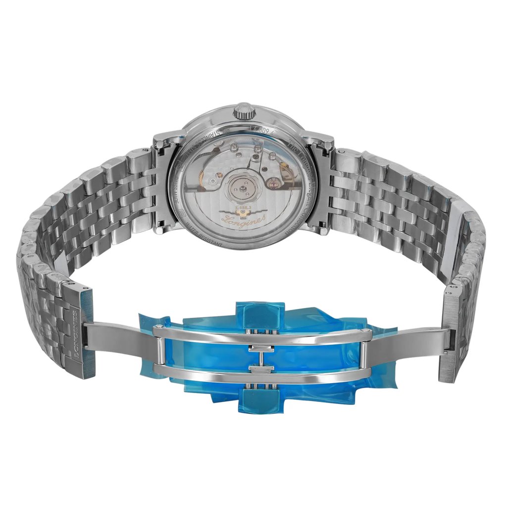 Back View Of Exhibition Back Case And Open Stainless Steel Band Of Longines L4.809.4.57.6 Watch Unworn Condition