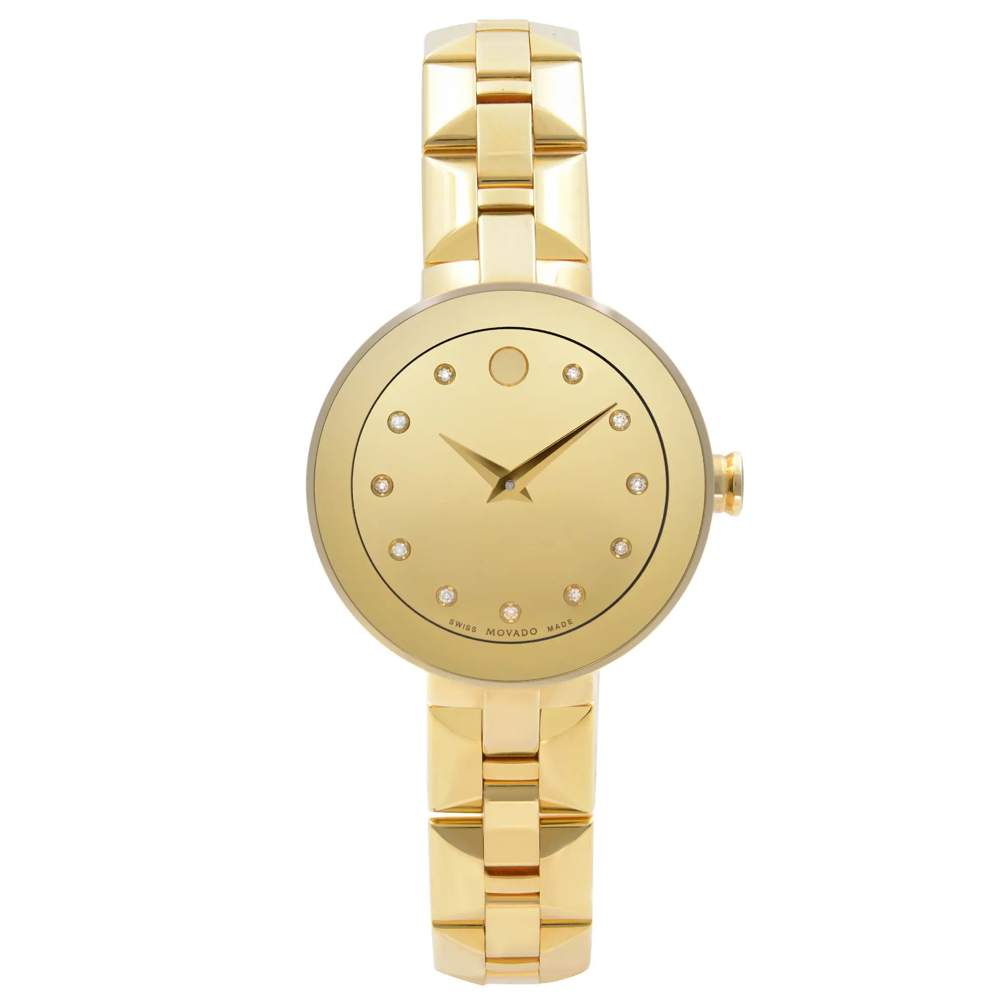 An image of a Wristwatch by Movado. This Display Model item is designed for Women, featuring a Dress/Formal style. It has a Quartz movement and an Analog display with a Gold dial color. The indices include 12-Hour Dial,Non-Numeric Hour Marks. The band is made of Stainless Steel and the case is made of Stainless Steel. The watch has a Round shape with a case size of 28 mm and a case thickness of 7 mm.