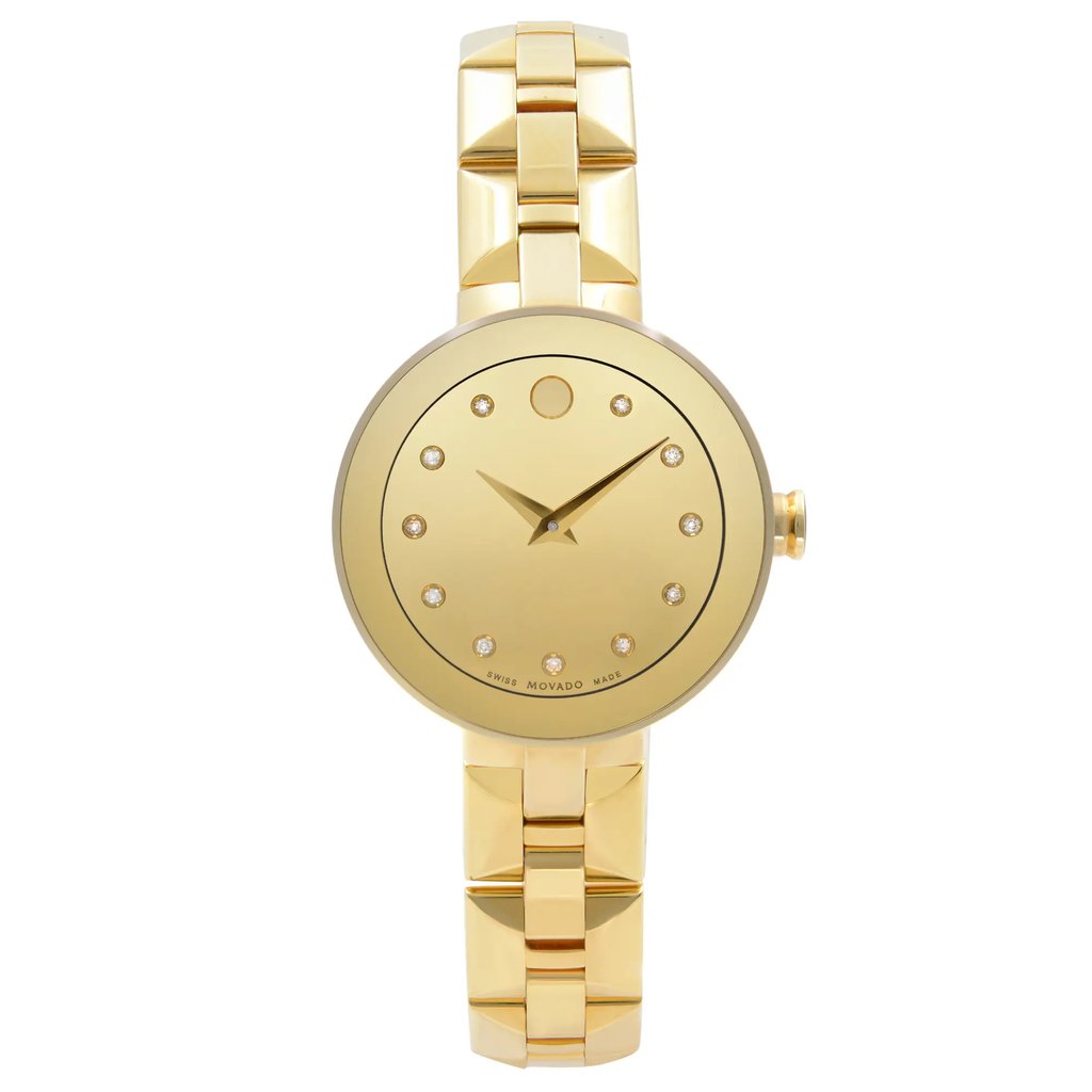 An image of a Wristwatch by Movado. This Display Model item is designed for Women, featuring a Dress/Formal style. It has a Quartz movement and an Analog display with a Gold dial color. The indices include 12-Hour Dial,Non-Numeric Hour Marks. The band is made of Stainless Steel and the case is made of Stainless Steel. The watch has a Round shape with a case size of 28 mm and a case thickness of 7 mm.