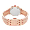 An image of a wristwatch taken from the back view, showcasing the closed clasp. The watch is a display model, featuring a rose gold metal bracelet with a polished finish. The watch case back is smooth and reflective, and the crown is visible at the top. The angle is slightly elevated, providing a clear view of the intricate bracelet design from a moderate distance.