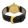 An image of a pre-owned Montblanc women's wristwatch viewed from the back, showing the solid caseback and the leather band. The stainless steel case back is engraved with the brand name and details, and it has a golden tone with micro scratches visible upon close inspection. The leather band, which is black with yellow stitching, exhibits minor wear signs and has some rips along the edges. The clasp of the watch, also in a golden tone, is visible and appears to be in a closed position. The watch is photographed at a close distance, with the watch positioned horizontally and the band forming a semi-circle at the bottom of the image.
