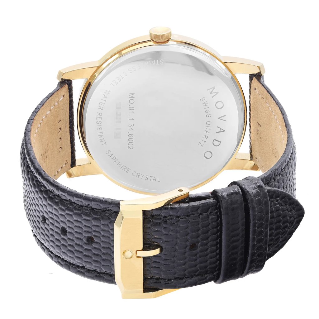 Back View Of Solid Back Case And Closed Leather Band Of Movado MO.01.1.34.6002 Watch Pre Owned Condition
