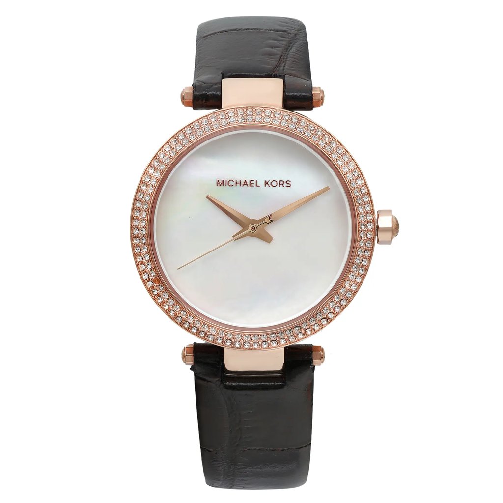 An image of a Wristwatch by Michael Kors. This Pre Owned item is designed for Women, featuring a Casual style. It has a Quartz movement and an Analog display with a Mother of Pearl dial color. The indices include 12-Hour Dial,No Hour Marks,Non-Numeric Hour Marks. The band is made of Leather and the case is made of Stainless Steel. The watch has a Round shape with a case size of 33 mm and a case thickness of 9 mm.